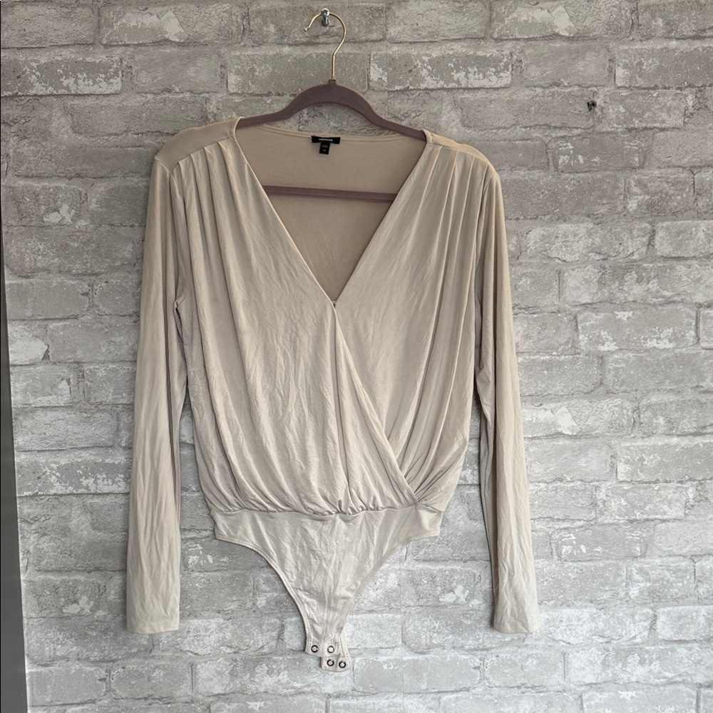 Express Cream Surplice Long-Sleeve Bodysuit